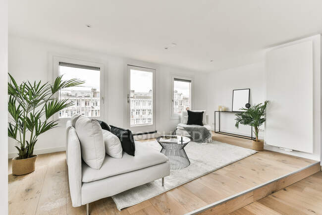 Внутрішній дизайн простору кімнати з комфортним диваном біля столу на килимі в сучасній квартирі. — стокове фото
