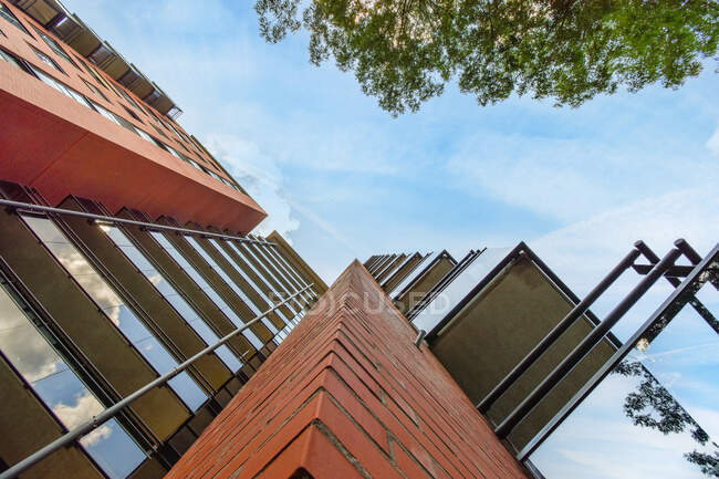 Desde abajo de la fachada de la casa contemporánea que refleja el cielo azul nublado y el árbol en la provincia de Países Bajos - foto de stock