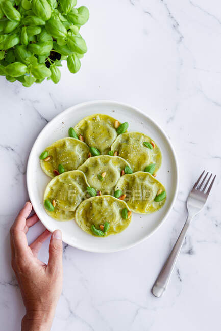 Top view of crop anonymous person at marble table with raviolis near fork and fresh basil leaves in light kitchen — Stock Photo