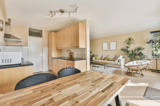 Moderno interior de cocina amueblada con armarios de madera y mesa de comedor y amplio salón con silla de ratán y sofá beige y flores interiores - foto de stock