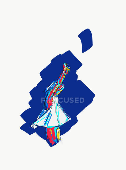 Ilustración vectorial de mujer en vestido blanco de pie sobre fondo azul con los brazos levantados - foto de stock