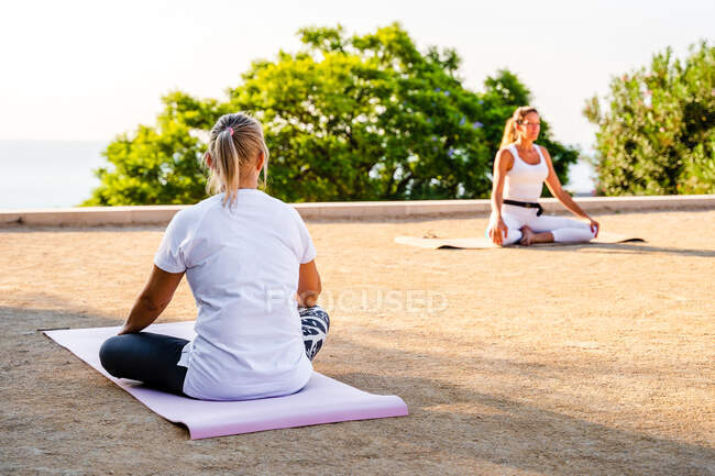 Дами практикують позицію лотоса разом, сидячи на килимках на піщаній терасі в сонячний день — стокове фото