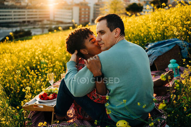 Молодая афроамериканка с вьющимися волосами обнимает и целует щеку романтического парня с закрытыми глазами во время пикника на цветущем лугу в солнечный день — стоковое фото