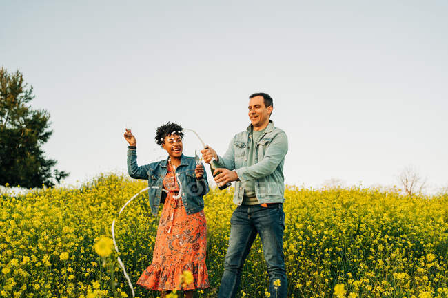 Jeune homme heureux en vêtements décontractés ouverture bouteille de champagne lors d'un rendez-vous romantique avec la petite amie afro-américaine gaie dans la prairie en fleurs dans la campagne — Photo de stock