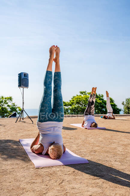 Piena lunghezza di donne calme in activewear sdraiato su stuoie e l'esecuzione di Salamba Sarvangasana durante la lezione di yoga nel parco sotto cielo blu senza nuvole nella giornata di sole — Foto stock