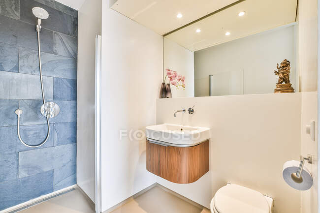 Lavandino a parete con specchio vicino toilette bianca in bagno elegante luce con doccia e fiori rosa decorati in appartamento — Foto stock