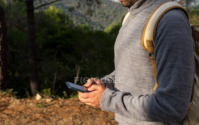 Seitenansicht eines anonymen jungen ethnischen männlichen Reisenden in Freizeitkleidung und Rucksacknachrichten auf dem Smartphone, der während einer Wanderung im bergigen Tal im saftig grünen Wald steht — Stockfoto