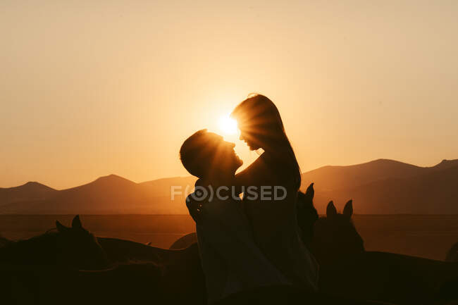 Вид збоку силуети люблячої пари, що обіймають один одного, проводячи час разом на пасовищах біля коней на заході сонця — стокове фото