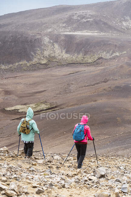 Visão traseira de viajantes irreconhecíveis em outerwear com mochilas andando com postes de trekking em montanhas rochosas na Islândia em dia nublado — Fotografia de Stock