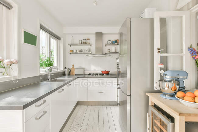 Стильный минималистский дизайн интерьера кухни с белыми стенами и полом с белыми шкафами, оборудованными электрической плитой и холодильником с металлической поверхностью при ярком дневном свете, украшенном зеленым цветочком — стоковое фото