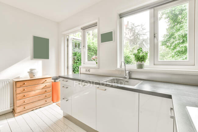 Стильний мінімалістичний дизайн інтер'єру кухні з білими стінами і підлогою, обставлений білими шафами, оснащеними електричною плитою і холодильником з металевою поверхнею в яскравому денному світлі, прикрашеному зеленою каструлею — стокове фото
