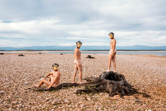Nackte Männer in Affenmasken schauen in die Kamera, während sie Zeit am steinernen Meeresufer in sonnigen Tagen verbringen — Stockfoto