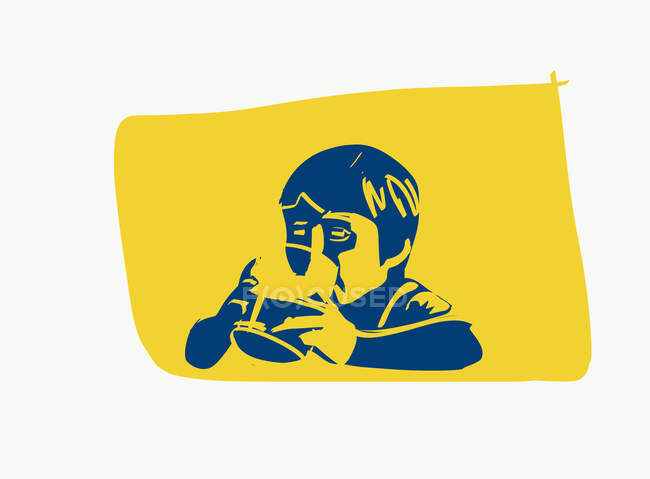 Творческая векторная иллюстрация маленького мальчика, пьющего стакан воды на желтом фоне — стоковое фото
