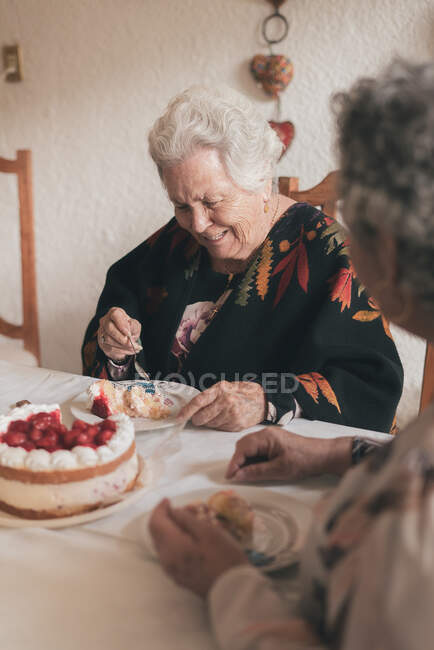 Ältere Frau mit grauen Haaren und ältere Dame sitzen am Esstisch und feiern 90. Geburtstag mit leckerem Kuchen mit Kerzen — Stockfoto