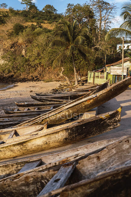 Ряд старих дерев'яних човнів пришвартованих на піщаному узбережжі океану проти тропічних рослин на острові Так Том і Принсіпі в сонячний день. — стокове фото