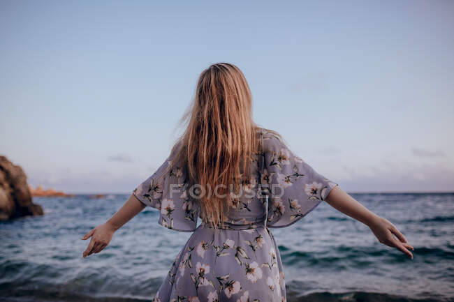 Back view of delighted female with long hair in trendy dress standing on seashore in summer evening — Stock Photo