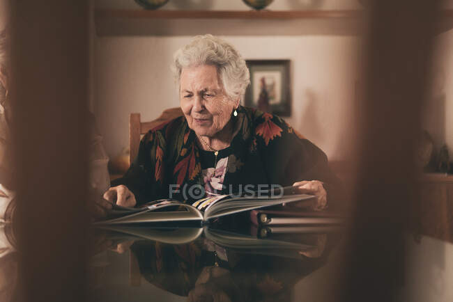 Donna anziana seduta in poltrona e che mostra le foto di famiglia dall'album fotografico ad un'altra persona — Foto stock