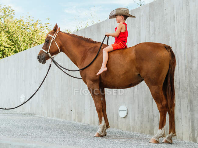 Vista lateral cuerpo completo de niño descalzo en sombrero sentado en el caballo de castaño y sosteniendo la rienda - foto de stock