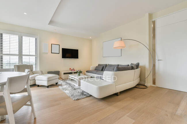 Удобный диван и кресло перед телевизором в стильной просторной квартире — стоковое фото