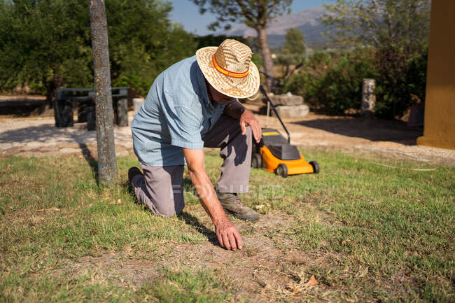 Unbekannter Gärtner mit Hut auf Rasenfläche in der Nähe von Rasenmäher berührt im Sommer Boden — Stockfoto