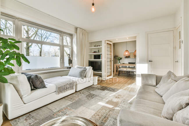 Salon contemporain intérieur avec tapis entre les canapés avec coussins et plaid dans la maison lumière — Photo de stock
