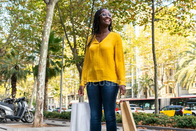 Positive African American female shopper looking away while standing with shopping bags on street with trees near road with transport — Stock Photo
