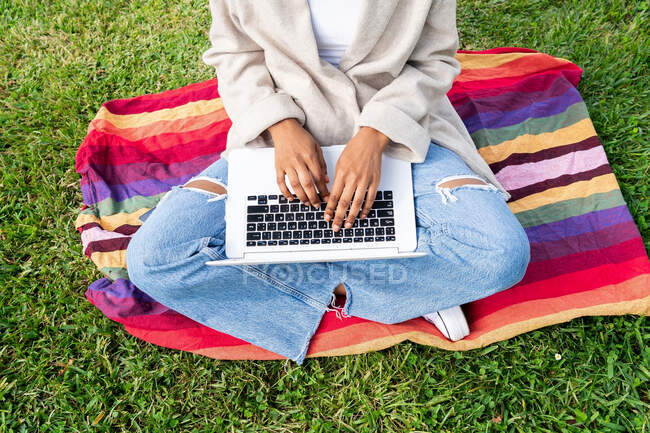Mujer afroamericana anónima escribiendo en netbook moderno mientras está sentado en el césped cubierto de hierba en el parque - foto de stock