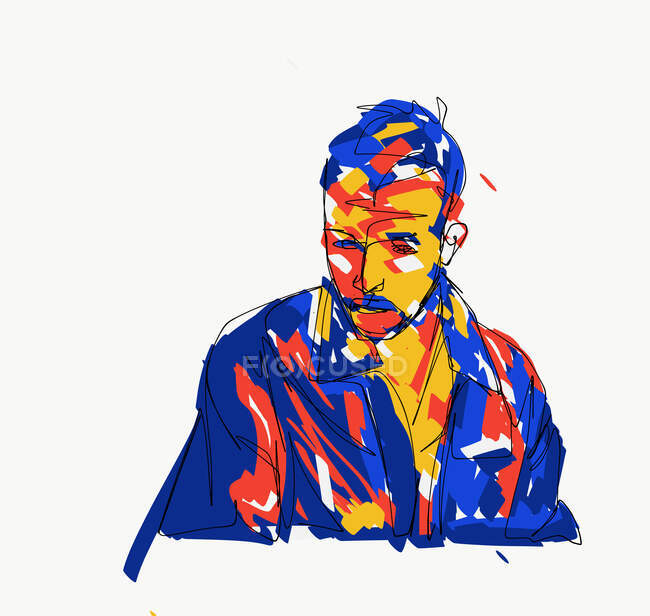 Разноцветная векторная иллюстрация мечтательного мужчины в стильной рубашке, задумчиво смотрящего вниз на белый фон — стоковое фото