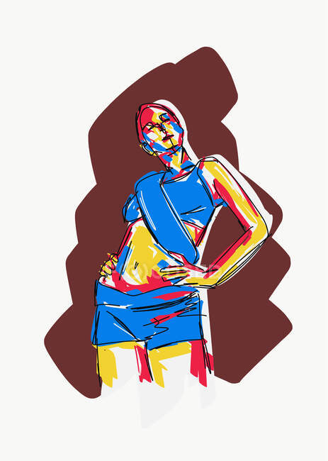 Барвисте творче векторне зображення жінки, що стоїть в літніх шортах і верхній частині врожаю, дивлячись на камеру, пофарбовану синіми жовтими і червоними кольорами на коричневому тлі — стокове фото