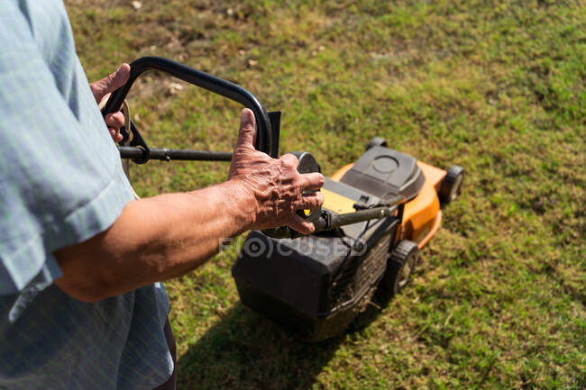 From above side view of male gardener mowing grassy lawn near bushes and trees in summer — Stock Photo