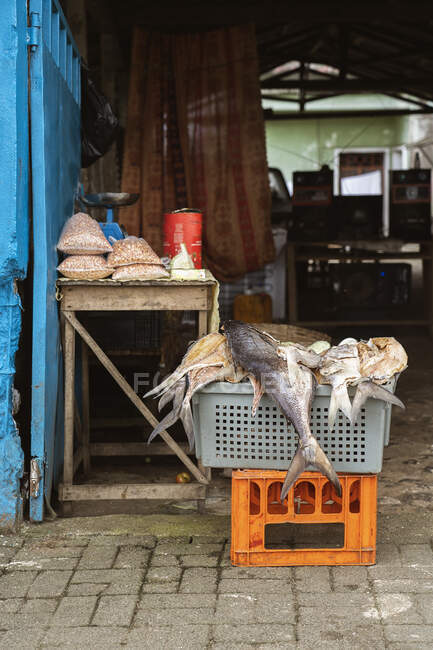 Fresh raw fish placed on plastic box on street against old barn in village on So Tom and Prncipe island in daytime — Stock Photo