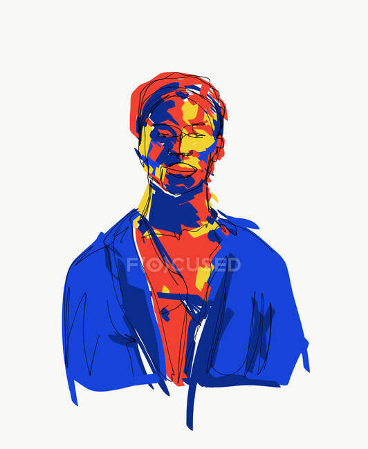 Creative colorful vector illustration of ethnic man in shirt looking away pensively against white background — Stock Photo