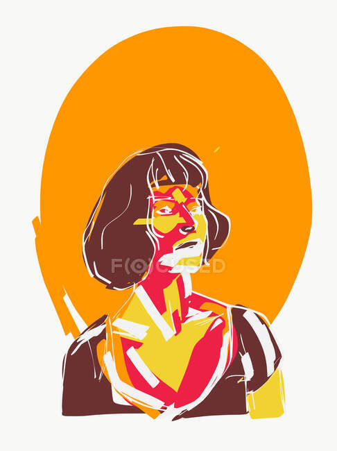 Vector illustration of elegant woman with brown hair and colorful smears on face and body looking away against orange background — Stock Photo