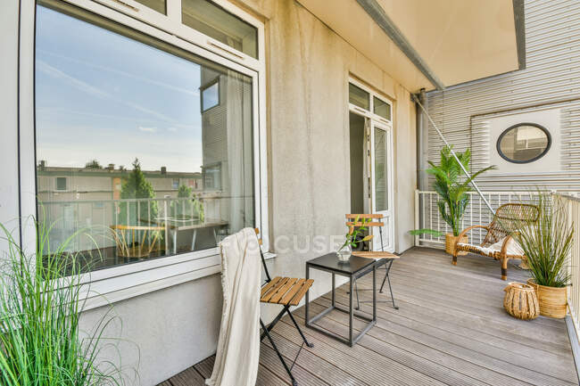 Просторная деревянная терраса с удобными стульями и горшечными растениями в современном жилом доме — стоковое фото