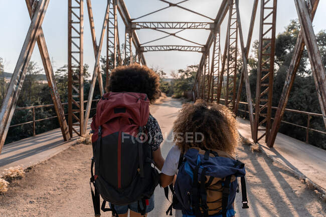 Indietro vista afroamericana amiche con zaini che si tengono per mano mentre passeggiano sul ponte arrugginito durante l'avventura nella natura — Foto stock