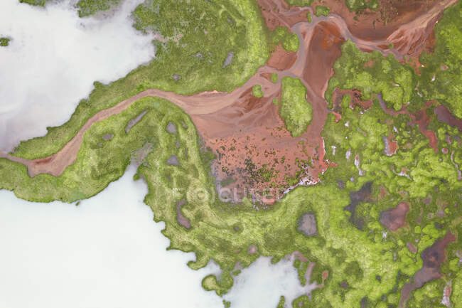 Drone vista de formaciones ásperas de color marrón rocoso rodeado de exuberantes plantas verdes cubiertas de espesa niebla en la naturaleza de Islandia - foto de stock