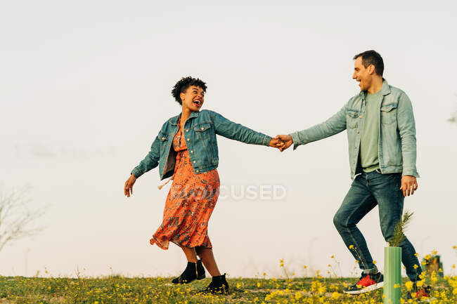 Longitud completa de joven pareja multiétnica positiva en ropa casual tomados de la mano y sonriendo mientras camina en el prado herboso durante la cita romántica en el campo - foto de stock