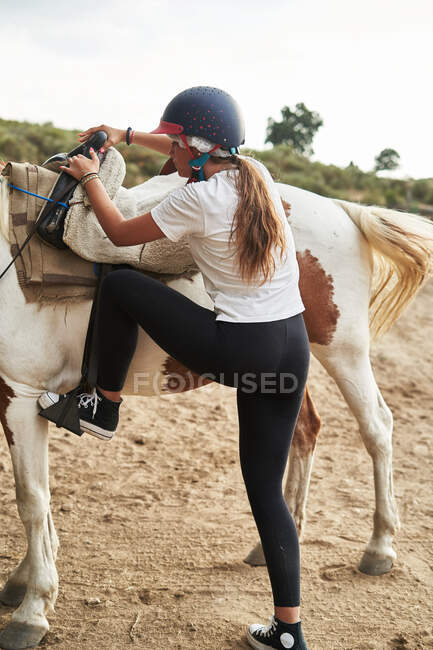 Unrecognizable lady in casual clothes and jockey cap climbing on horse in saddle in countryside in daytime near trees and plants on sandy ground — Stock Photo