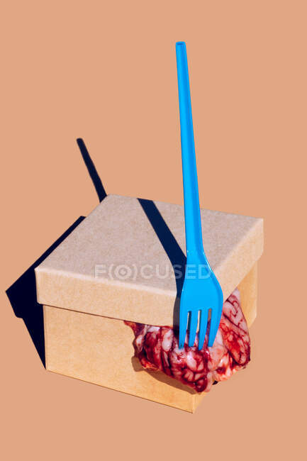 Cerebros crudos saliendo de caja de cartón con tapa y tenedor de plástico azul sobre fondo naranja en estudio con luz solar - foto de stock