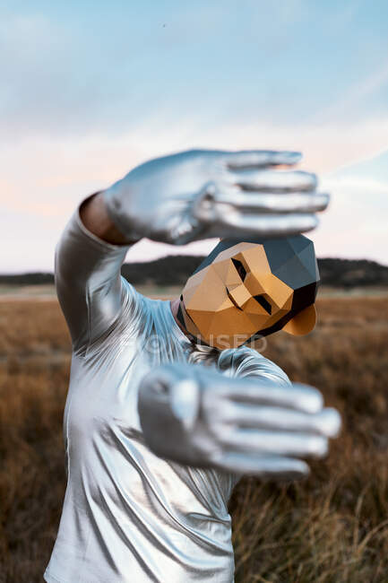 Анонімний чоловік в геометричній масці мавпи, демонструючи руки зігнутими великими пальцями на камеру на розмитому тлі сільської місцевості — стокове фото