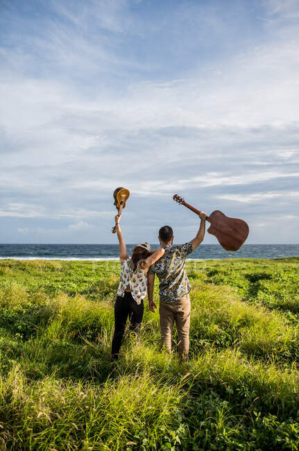 Back view of unrecognizable friends embracing and raising arms with ukulele and guitar while standing on grassy shore and admiring picturesque sea in sunny day — Stock Photo