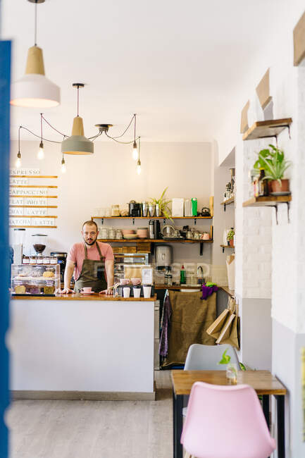 Maschio barista in grembiule sorridente e guardando la macchina fotografica mentre in piedi al bancone con una tazza di caffè in caffetteria — Foto stock