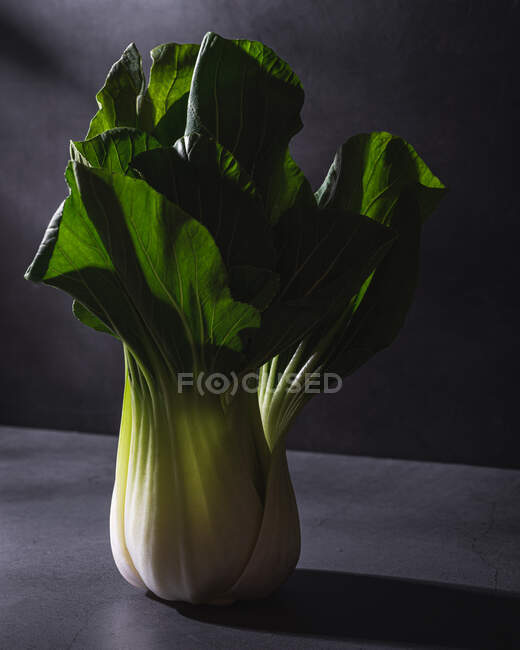 Verdura sana de hoja de col bok choy fresca colocada sobre una mesa negra sobre fondo oscuro - foto de stock