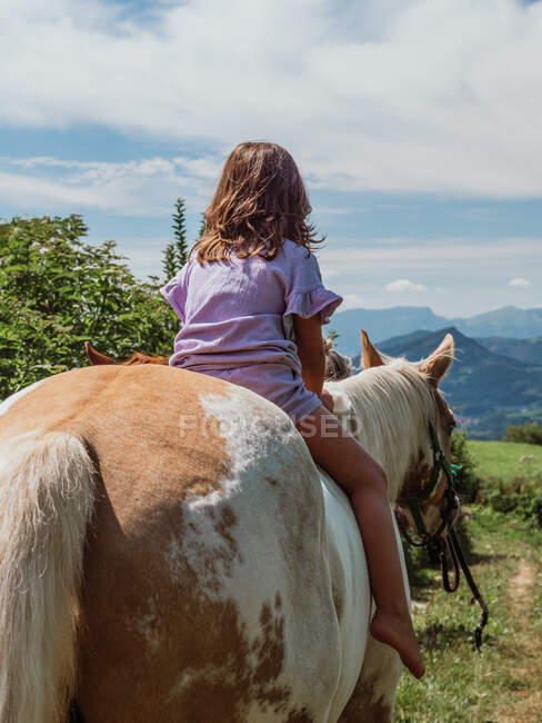 Visão traseira de menina descalça irreconhecível cavalgando garanhão no vale em direção a colinas em dia ensolarado — Fotografia de Stock