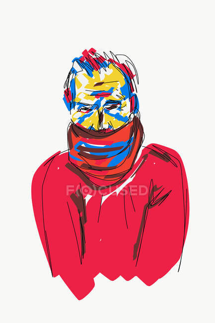 Ilustración vectorial colorida de boca cubierta masculina seria con bufanda y mirando la cámara en el día frío - foto de stock