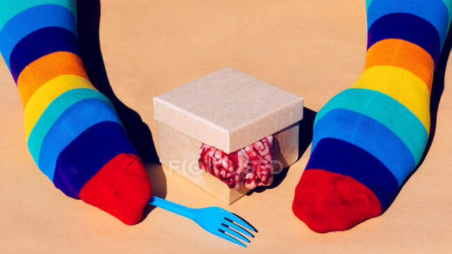 Обрізати анонімну людину в веселкових шкарпетках на руках з виделкою біля картонної коробки з сирим мозком на помаранчевому фоні в студії — стокове фото