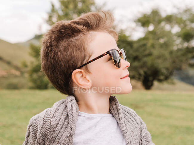 Zufriedener Junge in warmer Kleidung und trendiger Sonnenbrille, der sich an einem Sommertag auf einer Wiese vor sattgrünen Bäumen in der Natur ausruht — Stockfoto