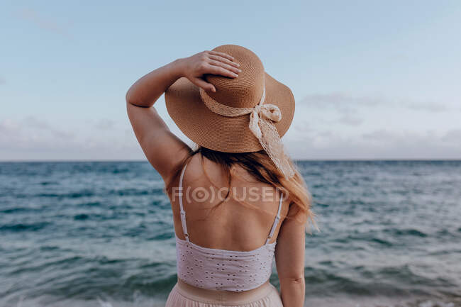 Vista trasera de una hembra irreconocible en vestido de verano y sombrero de pie en la playa cerca del mar ondulante mientras admira la vista pintoresca - foto de stock