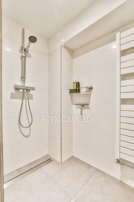 Modern bathroom interior with shower against shelf with bottles on tiled wall in light house — Stock Photo