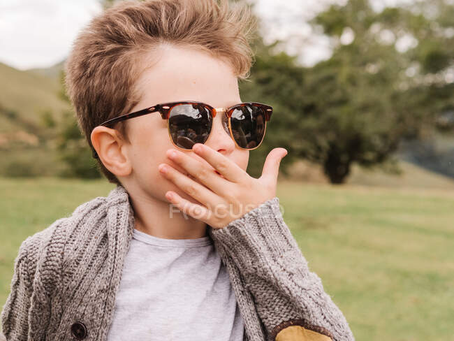 Содержательный мальчик в теплой одежде и модных солнцезащитных очках, отдыхающий на травянистом поле против пышных зеленых деревьев на природе в летний день — стоковое фото